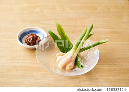 Moromi miso and leaf ginger 116582114