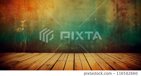 Grunge old shabby green and orange wall with wooden floor, vintage background for design, AI generated. 116582660