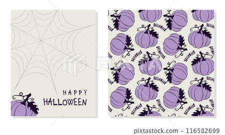 Halloween set Happy Halloween poster card with hand drawn pumpkin and pattern with purple pumpkins and lettering. Halloween set Happy Halloween poster card with hand drawn pumpkin and pattern with purple pumpkins and lettering. 116582699