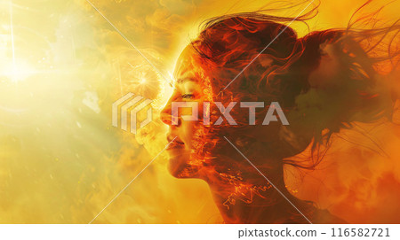 A dynamic image showcasing a woman with her face obscured by smoky textures and vibrant colors of 116582721