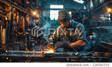 Blacksmith wearing a peaked cap works with metal using welding tools in the moody ambiance of a dark 116582723