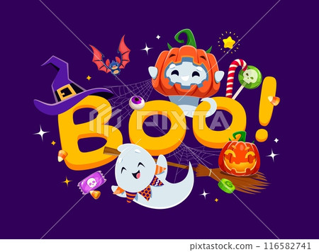 Halloween boo banner with cute kawaii ghosts and holiday sweets. October horror party, Happy Halloween celebration or fall season holiday vector backdrop with funny ghosts characters, candies and bat 116582741