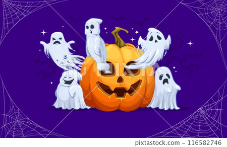 Halloween cartoon ghosts and pumpkin. Vector funny characters ready for trick or treat party. Spooks floating around jack-o-lantern on purple background with tree silhouettes, sparks and cobweb frame 116582746