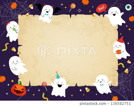 Halloween kawaii ghosts and holiday sweets on vintage manuscript scroll, vector background. Cartoon funny boo ghosts with pumpkin lantern in witch hat with trick or treat monster candy sweets 116582751