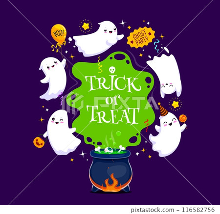 Halloween holiday kawaii ghosts with potion cauldron. Vector banner with cute cartoon spirits conjure magic by a bubbling pot. Apparitions swirl around the mystic brew, creating an enchanting sorcery Halloween holiday kawaii ghosts with potion cauldron. Vector banner with cute cartoon spirits conjure magic by a bubbling pot. Apparitions swirl around the mystic brew, creating an enchanting sorcery 116582756