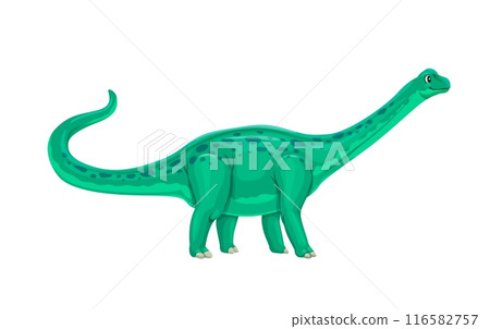 Cartoon antarctosaurus dinosaur character of giant dino animal. Vector prehistoric forest dinosaur with long neck, funny green spotted titanosaur lizard of jurassic period. Sauropod dino character Cartoon antarctosaurus dinosaur character of giant dino animal. Vector prehistoric forest dinosaur with long neck, funny green spotted titanosaur lizard of jurassic period. Sauropod dino character 116582757