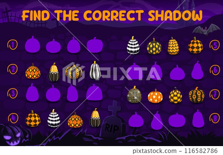 Find a correct shadow of Halloween patterned pumpkins, kids game quiz. Vector worksheet with Halloween holiday pumpkin lanterns matching puzzle on midnight cemetery background with castle and bats Find a correct shadow of Halloween patterned pumpkins, kids game quiz. Vector worksheet with Halloween holiday pumpkin lanterns matching puzzle on midnight cemetery background with castle and bats 116582786