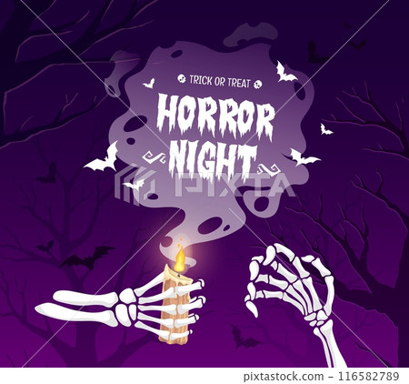Skeleton hands with candle, trick or treat Halloween banner. Vector skeletal hands cradle a flickering candle against a purple sky, with creepy tree silhouettes and flying bats. Spooky delight awaits Skeleton hands with candle, trick or treat Halloween banner. Vector skeletal hands cradle a flickering candle against a purple sky, with creepy tree silhouettes and flying bats. Spooky delight awaits 116582789