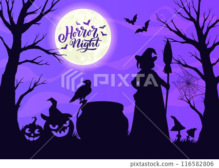Witch silhouette on Halloween cemetery landscape, with cauldron, trees, pumpkins and ravens. Vector holiday banner with bewitching spooky hag shadow cooking brew on graveyard with mysterious moonlight 116582806