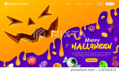 Halloween landing page with holiday sweets and candies. Spooky vector web banner with tempting ghoulish delights, creating an irresistible atmosphere for those with a sweet tooth in spirit of season 116582815