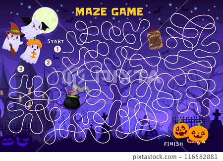 Halloween labyrinth maze game. Help to kawaii ghost find a spellbook and pumpkins. Maze child riddle, search path kids vector playing activity worksheet with funny ghosts on cemetery background 116582881