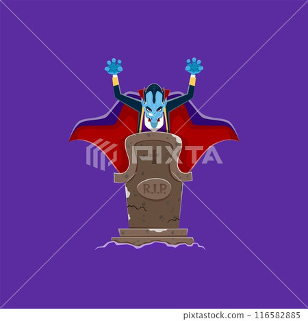 Cartoon Halloween scary Dracula character near tombstone. vector menacing vampire, with blood-red eyes and sharp fangs, stands behind the old cracked grave , casting an eerie and frightening presence Cartoon Halloween scary Dracula character near tombstone. vector menacing vampire, with blood-red eyes and sharp fangs, stands behind the old cracked grave , casting an eerie and frightening presence 116582885