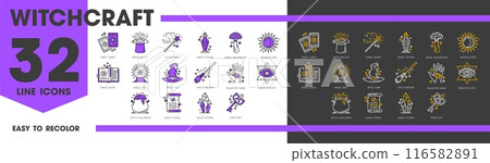 Witchcraft and magic line icons. Esoteric, astrology and mystery vector symbols. Outline tarot cards, witch potion cauldron, broom and hat, magic book, wand, crystals and alchemy elixir isolated signs 116582891