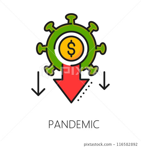 Pandemic economic crisis and money loss color line icon, downturn and bankruptcy symbol of cogwheel, dollar and decreasing arrows. Vector linear sign of widespread money loss, global economic impact 116582892