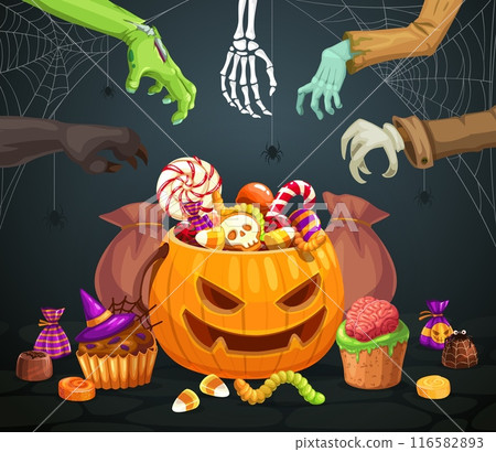 Halloween monster hands and holiday sweets bucket for horror night, cartoon vector background. Halloween trick or treat party with zombie, werewolf and skeleton hands with spooky candies in pumpkin Halloween monster hands and holiday sweets bucket for horror night, cartoon vector background. Halloween trick or treat party with zombie, werewolf and skeleton hands with spooky candies in pumpkin 116582893