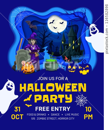 Halloween party paper cut flyer with holiday characters, ghosts and pumpkins, vector background. Halloween horror night and trick or treat party invitation with witch or zombie on cemetery in papercut 116582898