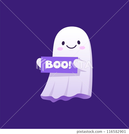 Halloween kawaii ghost character holding boo banner. Isolated cartoon vector adorable baby spook with rosy cheeks, wide smile and a playful expression radiating a charming, cute and friendly aura Halloween kawaii ghost character holding boo banner. Isolated cartoon vector adorable baby spook with rosy cheeks, wide smile and a playful expression radiating a charming, cute and friendly aura 116582901