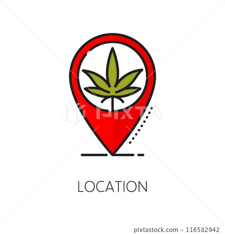 Medical cannabis shop location color line icon. Medicine cannabis product linear pictogram, natural weed farm or medical marijuana drug line vector sign or icon with navigation pin Medical cannabis shop location color line icon. Medicine cannabis product linear pictogram, natural weed farm or medical marijuana drug line vector sign or icon with navigation pin 116582942
