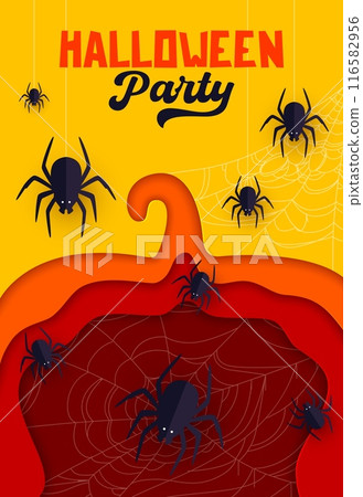 Halloween paper cut pumpkin, spiders and cobweb. Autumn season horror party, Halloween celebration paper cut vector flyer or poster with pumpkin silhouette, black widow spiders, cobweb and typography Halloween paper cut pumpkin, spiders and cobweb. Autumn season horror party, Halloween celebration paper cut vector flyer or poster with pumpkin silhouette, black widow spiders, cobweb and typography 116582956