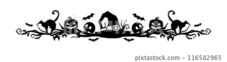 Halloween frame border and divider. Isolated vector spooky decorative holiday element with black silhouettes of creepy pumpkin faces, cats, human skulls, flying bats and witch hat on tree branches 116582965