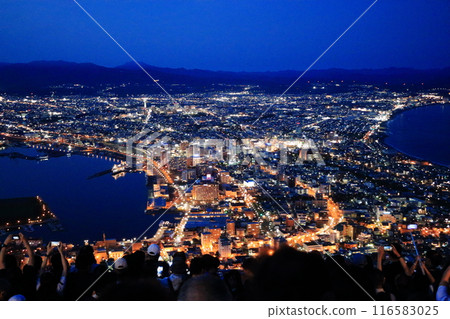 View of Hakodate City at night from the top of Hakodate Mountain in Hokkaido Japan View of Hakodate City at night from the top of Hakodate Mountain in Hokkaido Japan 116583025