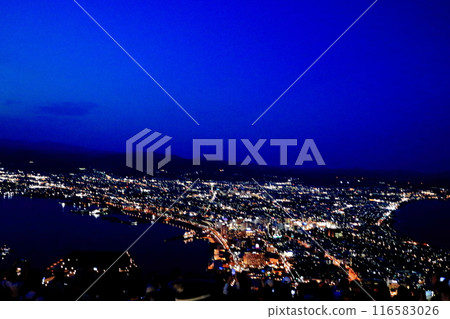 View of Hakodate City at night from the top of Hakodate Mountain in Hokkaido Japan View of Hakodate City at night from the top of Hakodate Mountain in Hokkaido Japan 116583026