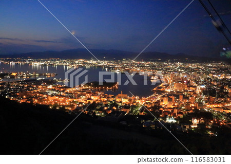 View of Hakodate City at night from the top of Hakodate Mountain in Hokkaido Japan View of Hakodate City at night from the top of Hakodate Mountain in Hokkaido Japan 116583031