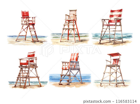 Lifeguard Chair, Summer Illustration. Watercolor Style. 116583114