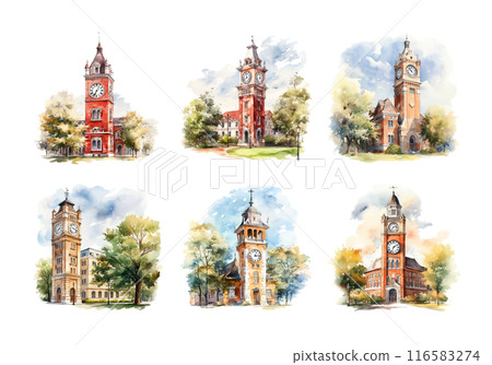 Cute watercolor painting style illustration of School Building, isolated on white background 116583274