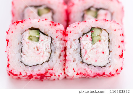 Japanese food restaurant, sushi maki gunkan roll plate or platter set. Sushi set and composition Japanese food restaurant, sushi maki gunkan roll plate or platter set. Sushi set and composition 116583852