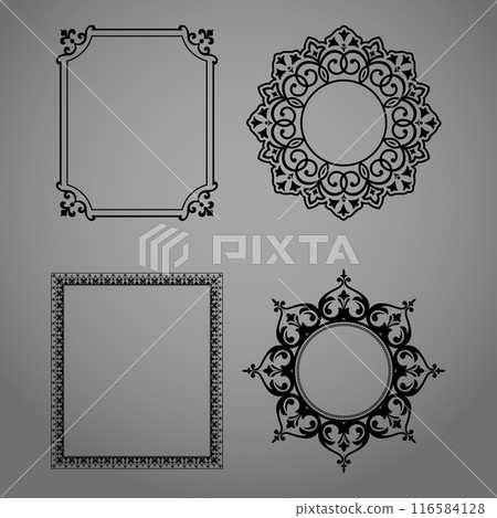 Set of decorative frames Elegant vector element for design in Eastern style, place for text. Floral black and gray borders. Lace illustration for invitations and greeting cards Set of decorative frames Elegant vector element for design in Eastern style, place for text. Floral black and gray borders. Lace illustration for invitations and greeting cards 116584128