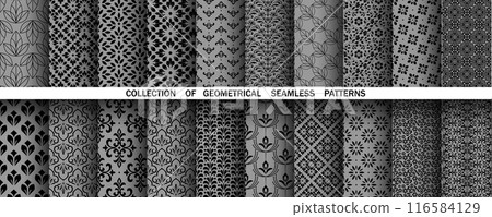Geometric floral set of seamless patterns. White and gray vector backgrounds. Damask graphic ornaments 116584129