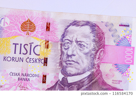 CZK Czech banknotes 1000 korun denominations of issues a Ceska Narodni Banka front view 116584170