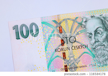 CZK Banknotes issued by Ceska Narodni Bank in denomination of 100 korunas front view 116584178