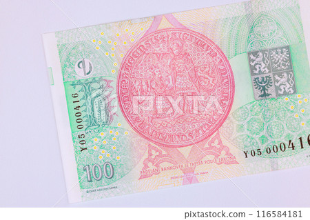 Czech banknotes in 100 koruna denominations from issued Ceska Narodni Banka rear view 116584181