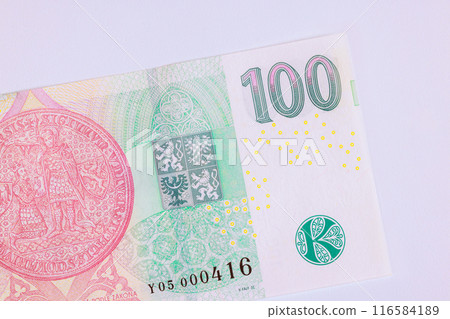 CZK Banknotes issued by Ceska Narodni Bank in denomination of 100 korunas rear view 116584189