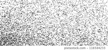 Black gritty gradient texture. Grunge grain overlay background. Distressed noise surface with dust, particles, specks, speckles. Rough dirty granule backdrop of concrete, cement, gravel, sand. Vector 116584233