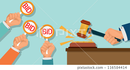 Human hands holding auction paddle and hammer. Bid plate. Human hands holding auction paddle and hammer. Bid plate. 116584414