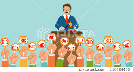 Auction process with man holding gavel behind stand. 116584460