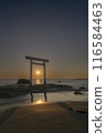 Torii gate standing in the sea and the moon setting between them, vertical composition 116584463