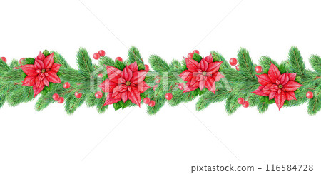 Christmas and New Year seamless border from painted fir tree branches and holly berries, poinsettia element for festive design isolated on white background vintage style illustration Christmas and New Year seamless border from painted fir tree branches and holly berries, poinsettia element for festive design isolated on white background vintage style illustration 116584728