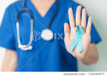 Blue November Prostate Cancer Awareness month, Doctor with Blue Ribbon in hospital for support people life and illness. Healthcare, International men, Father, Diabetes and World cancer day 116584877