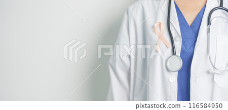 Doctor holding Peach Ribbon for September Uterine Cancer Awareness month. Uterus and Ovaries, Endometriosis, Hysterectomy, Uterine fibroids, Reproductive, Healthcare and World cancer day concept 116584950