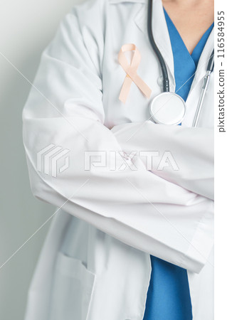 Doctor holding Peach Ribbon for September Uterine Cancer Awareness month. Uterus and Ovaries, Endometriosis, Hysterectomy, Uterine fibroids, Reproductive, Healthcare and World cancer day concept 116584955