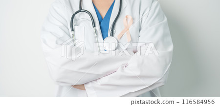 Doctor holding Peach Ribbon for September Uterine Cancer Awareness month. Uterus and Ovaries, Endometriosis, Hysterectomy, Uterine fibroids, Reproductive, Healthcare and World cancer day concept 116584956