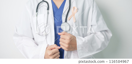 Doctor holding Peach Ribbon for September Uterine Cancer Awareness month. Uterus and Ovaries, Endometriosis, Hysterectomy, Uterine fibroids, Reproductive, Healthcare and World cancer day concept Doctor holding Peach Ribbon for September Uterine Cancer Awareness month. Uterus and Ovaries, Endometriosis, Hysterectomy, Uterine fibroids, Reproductive, Healthcare and World cancer day concept 116584967