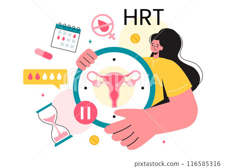 HRT or Hormone Replacement Therapy Acronym Vector Illustration with Treatment and Hormone Medication in a Healthcare Flat Cartoon Background HRT or Hormone Replacement Therapy Acronym Vector Illustration with Treatment and Hormone Medication in a Healthcare Flat Cartoon Background 116585316