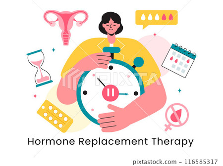 HRT or Hormone Replacement Therapy Acronym Vector Illustration with Treatment and Hormone Medication in a Healthcare Flat Cartoon Background HRT or Hormone Replacement Therapy Acronym Vector Illustration with Treatment and Hormone Medication in a Healthcare Flat Cartoon Background 116585317
