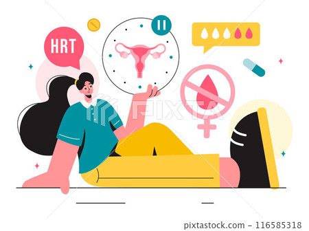 HRT or Hormone Replacement Therapy Acronym Vector Illustration with Treatment and Hormone Medication in a Healthcare Flat Cartoon Background 116585318