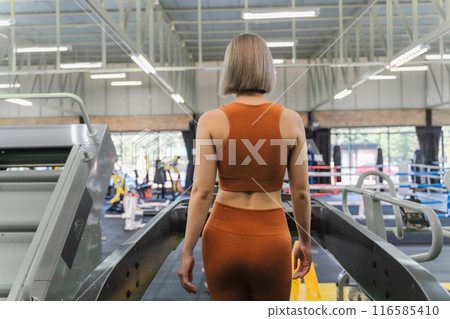 Back view of a young woman walking on treadmill during her morning exercise at a gym 116585410